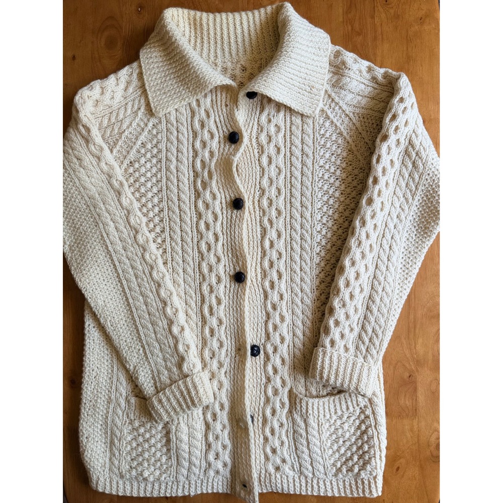 Vintage Hand Knit Aran Wool Cardigan Sweater Cream Cable Knit Medium